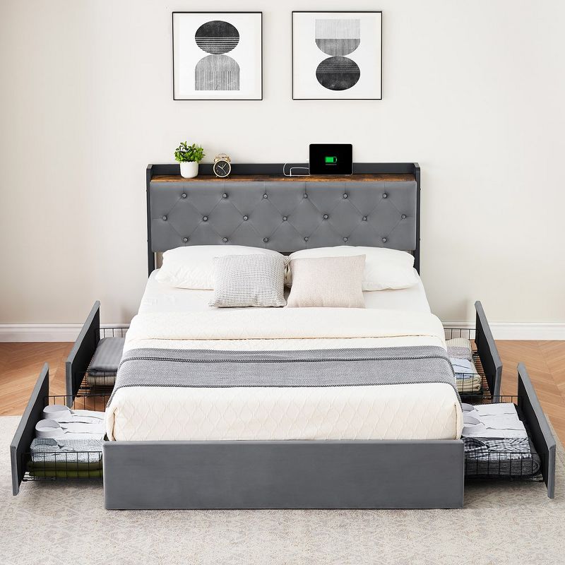Whizmax Bed Frame with 4 Storage Drawers and Charging Station,Upholstered Bed Frame with Storage Headboard, Gray, 2 of 9
