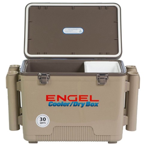 ENGEL 30 Quart 48 Can Portable Leak Proof Compact Lightweight Insulated  Airtight Hard Drybox Cooler with 4 Rod Holders for Fishing, and Camping, Tan