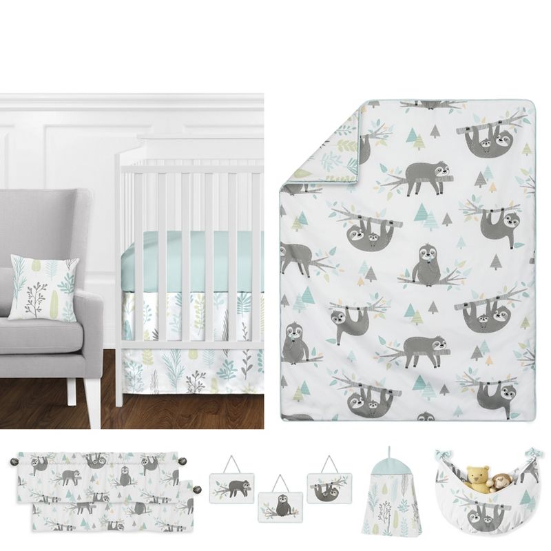 Sweet Jojo Designs Boy or Girl Gender Neutral Unisex Baby Crib Bedding Set - Sloth Blue Grey and Green 11pc, 1 of 8