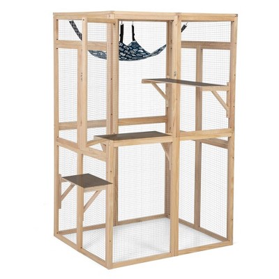 COZIWOW Outdoor Cat Safe House Enclosure, Wooden Catio Weatherproof Shelter with Window Access, Kitty Cage with 3 Platforms and Hammock, Burlywood