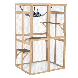 COZIWOW Outdoor Cat Safe House Enclosure, Wooden Catio Weatherproof Shelter with Window Access, Kitty Cage with 3 Platforms and Hammock, Burlywood - 1 of 4