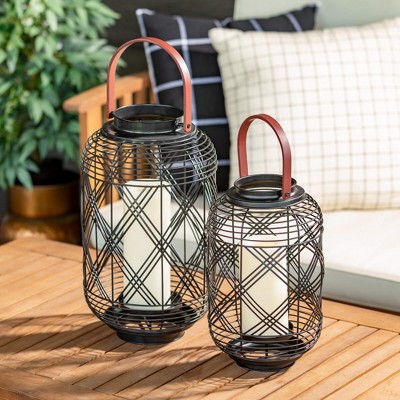 Black Woven Metal Lanterns with Wooden Handles, Set of 2