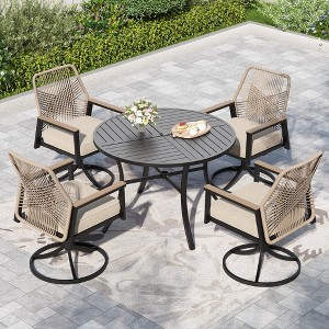 Captiva Designs 5pc Patio Dining Steel Set with Slat-top Round Table & Beige Rattan Chairs with Thick Cushions - 1 of 4