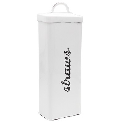 AuldHome Design Farmhouse Enamelware Straw Holder; Rustic Metal Straw Storage Canister