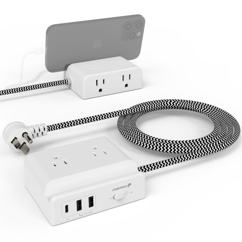 Fosmon 4-Outlet Travel Power Extension Hub with 5FT Braided Cable, USB-C and USB-A Ports, ETL Listed - White, 1 of 10