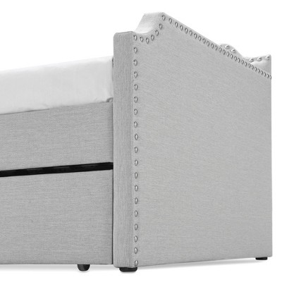 Bella Beige Upholstered Twin Daybed with Trundle and Nailhead Trim
