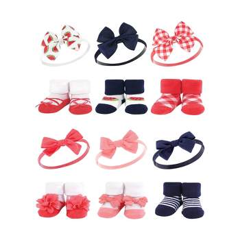 Hudson Baby Infant Girl 12Pc Headband and Socks Giftset, Watermelon Navy Coral, One Size