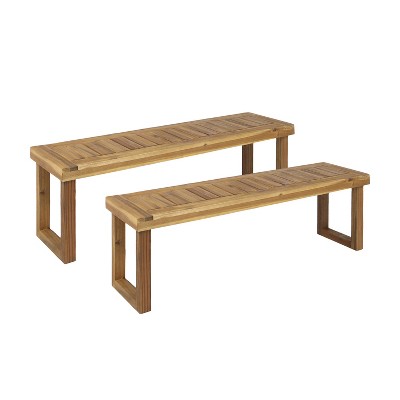 Vynxaria Patio Benches - 60" Natural Finish Set with Classic Slat Panel Design