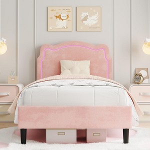 Twin Upholstered Smart LED Bed Frame with Adjustable Hills Headboard, PU Leather Platform Bed Frame for Kids - 1 of 4