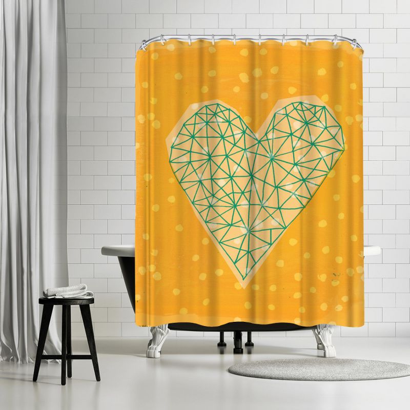 Americanflat 71" x 74" Shower Curtain, Geometric Heart In Yellow by Paula Mills, 1 of 9