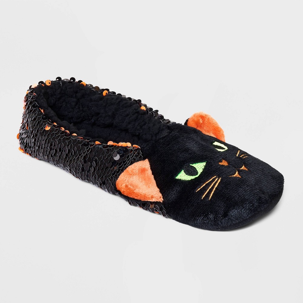 Women's Black Cat Flip Sequin Pull-On Halloween Slipper Socks with Grippers - Hyde & EEK! Boutique™ Black/Orange S/M