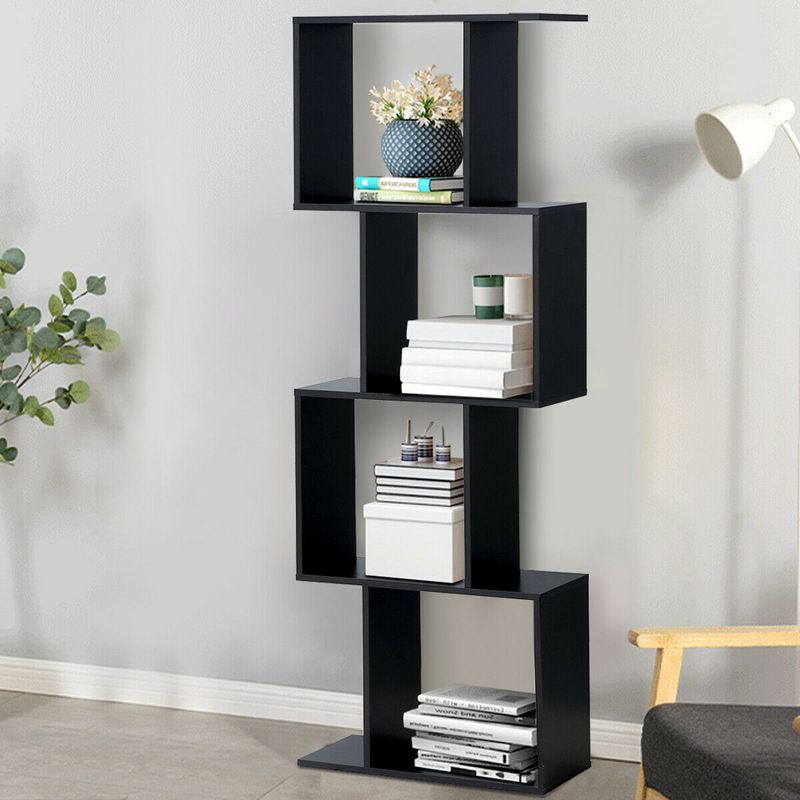 Costway 4-tier S-Shaped Bookcase Free Standing Storage Rack Wooden Display Decor Black, 3 of 11