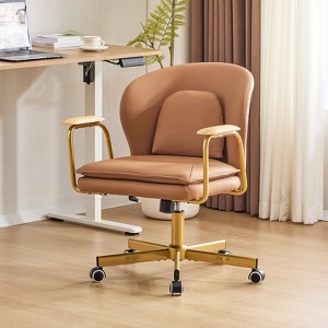 Furniliving Modern Leather Home Office Desk Chairs, Adjustable Swivel Vanity Chair with Golden Legs and Wooden Padded Armrest - 1 of 4
