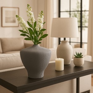 Decorative Ribbed Vase for Living Room Decor - Modern Flower Vase for Bedroom Styling, Office Spaces, or Home Decor Accent - 1 of 4