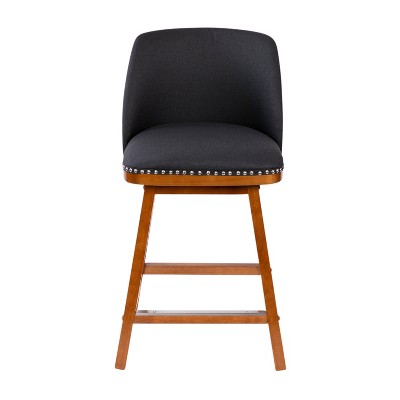 Set of 2 Charcoal Faux Linen Upholstered Counter Stools with Walnut Wood Frame