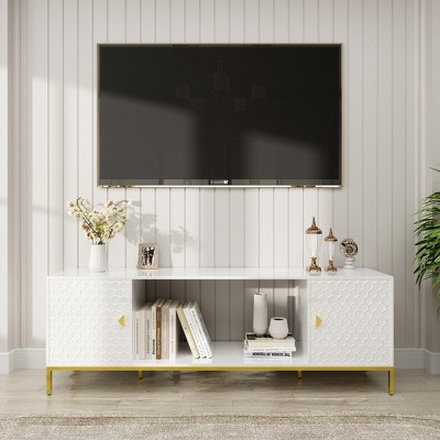 HDZNVF 70 Inch TV Stand, Heavy Duty Wood Media Entertainment Center Console with Cabinet Storage and Open Shelve, White