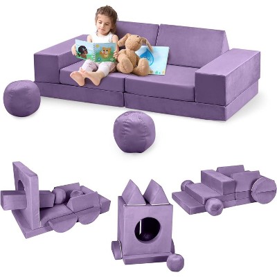 12 Pcs Modular Kids Play Couch, Fold Out Toddler Couch with 2 Balls and Tunnel, Soft Foam Convertible Kids Sofa for Playroom, Child Sectional Sofa