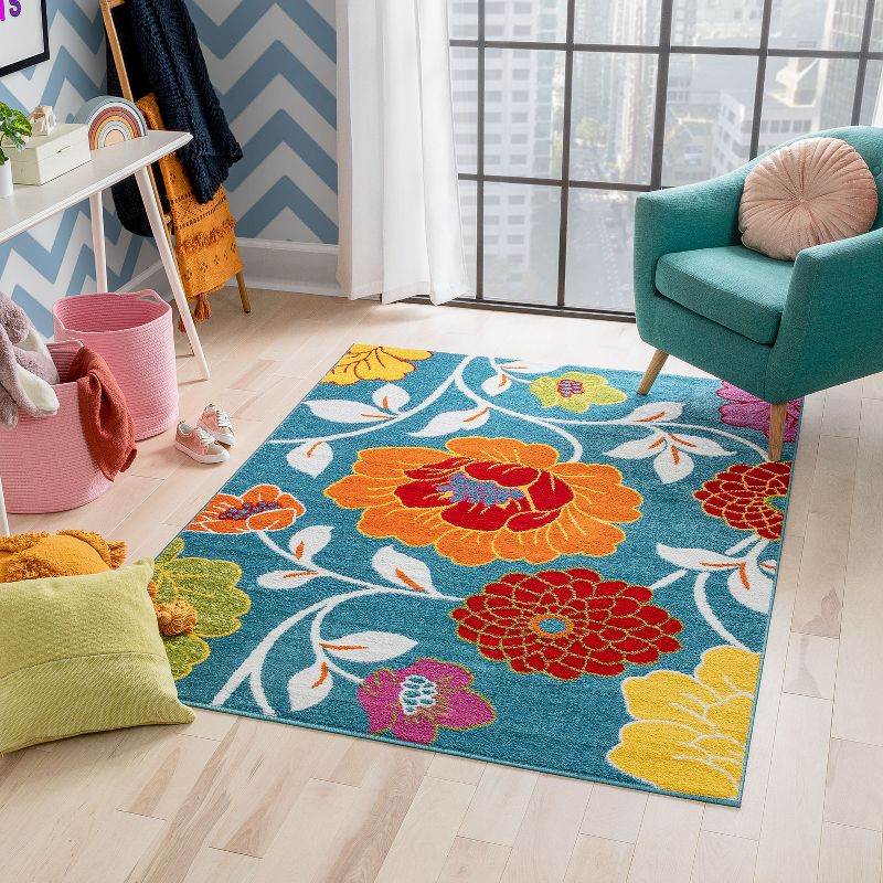 Well Woven Modern Daisy Flowers Blue Kids Room Floral Area Rug, 2 of 9