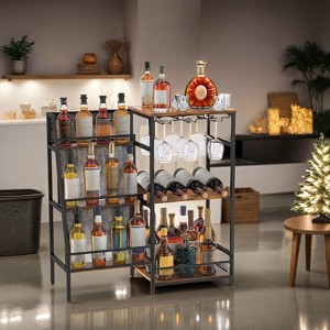Versatile Liquor Stand, Freestanding Wine Rack, Bar Table for Whiskey, 3-Tier Bottle Display Shelf with Glass Holder and Fences for Home, Black Friday - 1 of 4