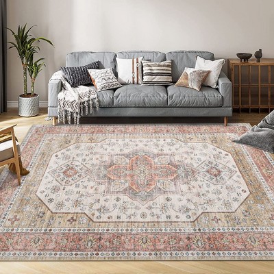 Whizmax Washable Floral Print Area Rug, Traditional Vintage Boho Carpet, Non-Shedding Low Pile Floor Mat with Non-Slip Rubber Backing, Beige