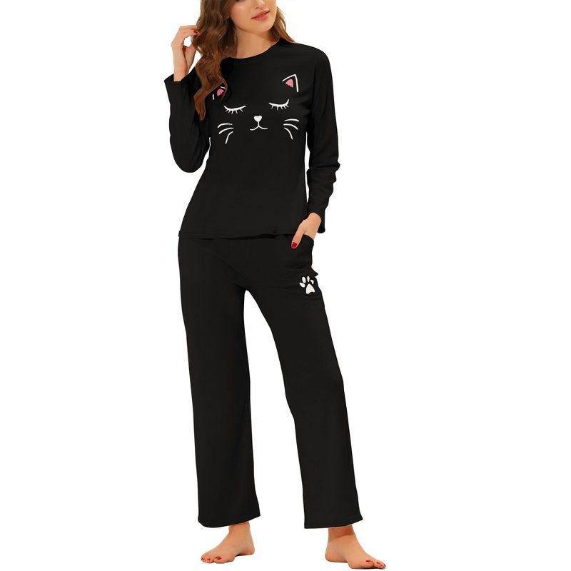 cheibear Women's Lounge Cute Cat Long Sleeve Tops with Pants Pajama Set, 2 of 6
