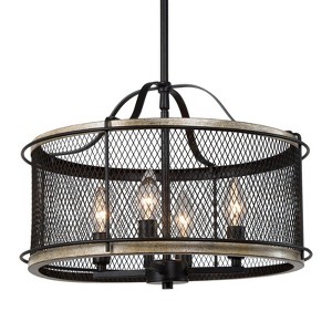 LNC Silla 4-Light 16.5" Farmhouse Drum Small  Chandelier, Matte Black and Light Grey Wood Tone - 1 of 4