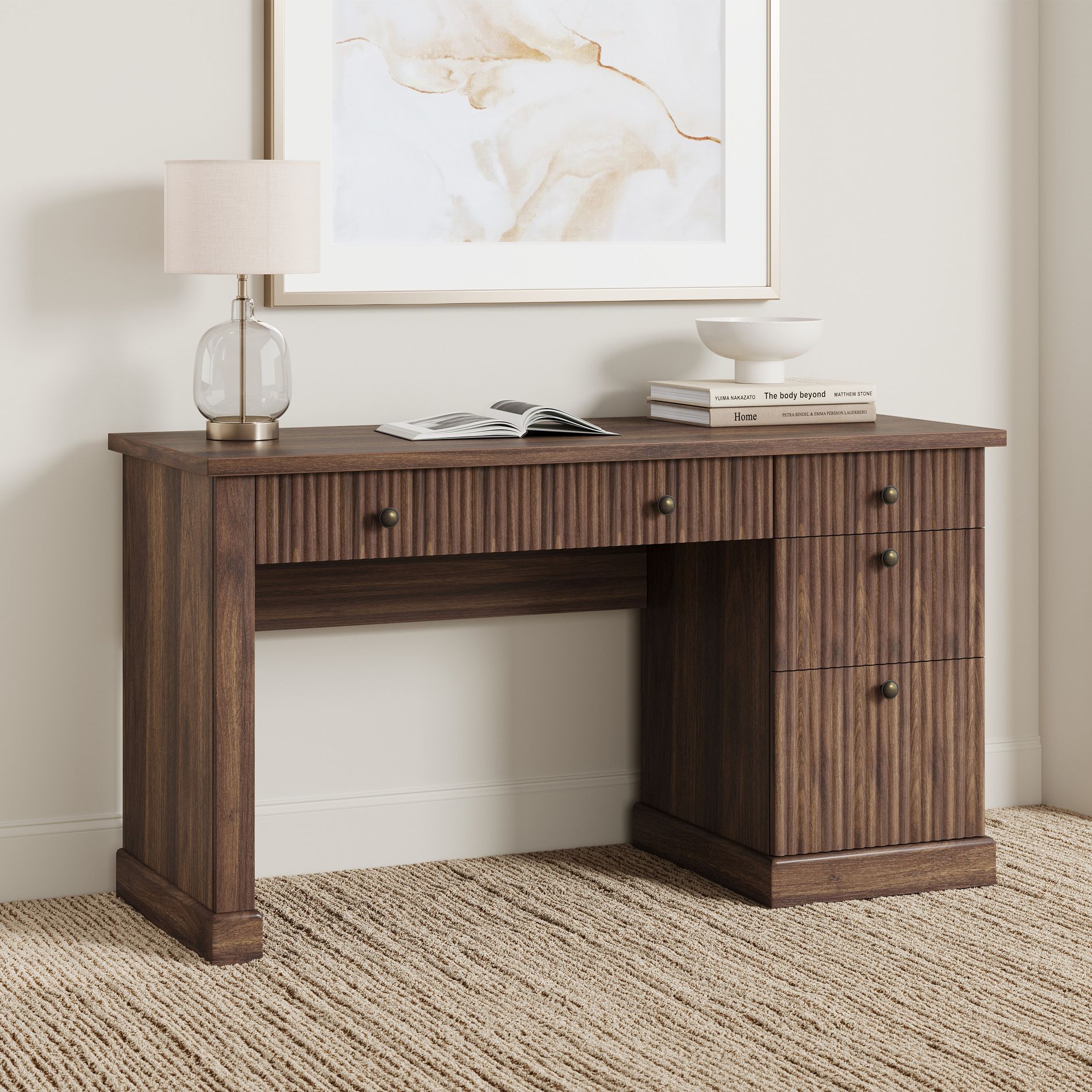 Garvee Fluted Home Office Desk Storage, 54" Modern Executive Desk with Charging Station, Wooden Computer Desk with File Drawers for Study