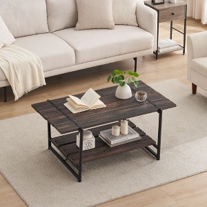 2-Tier Farmhouse 41'' Large Coffee Table with Storage Shelf -Modern Rustic Metal Rectangle Center Living Room Coffee Table Accent Furniture - 1 of 4