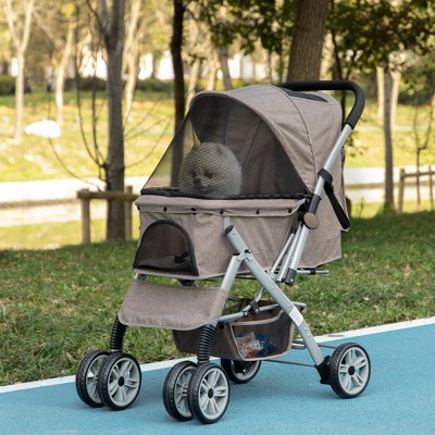 BENCMATE Pet Strollers Lightweight Foldable Pet Stroller 4 Wheels One Click Fold Pet Stroller With Swivel Wheels Steel, Brown, 30.25"*19.75"*39.00"