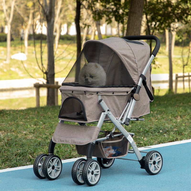 PawHut Travel Pet Stroller for Dogs, Cats, One-Click Fold Jogger Pushchair with Swivel Wheels, Brakes, Basket Storage, Safety Belts, Adjustable Canopy, Zippered Mesh Window Door, 2 of 7