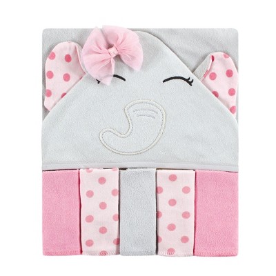 Hudson Baby Infant Girl Hooded Towel and Five Washcloths, Pink Dots Pretty Elephant, One Size