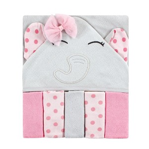 Hudson Baby Infant Girl Hooded Towel and Five Washcloths, Pink Dots Pretty Elephant, One Size - 1 of 2