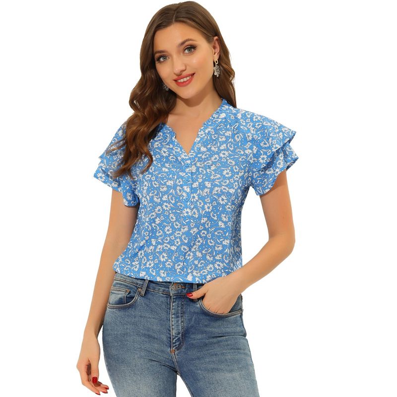Allegra K Women's Summer V Neck Cap Short Sleeve Button Floral Print Shirt, 1 of 6