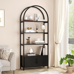71.5" Arched Bookcase w/ Doors, 4-Tier Storage Shelf w/ Metal Frame for Living Room, Home Office, Black - 1 of 4