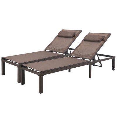 2pc Outdoor Adjustable Chaise Lounge Chairs with Wheels - Brown/Black - Crestlive Products