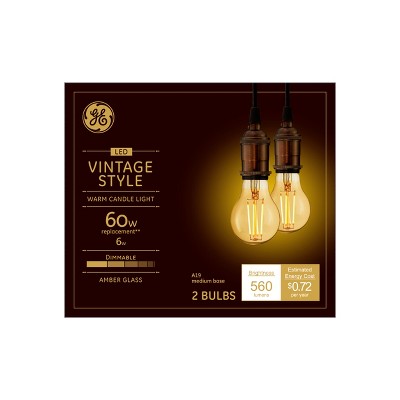 GE 2pk 6W 60W Equivalent LED Light Bulbs Amber Glass Candle Light