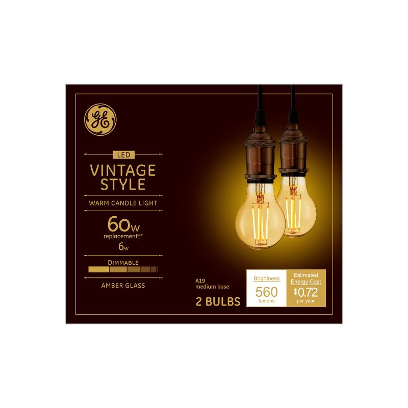GE 2pk 6W 60W Equivalent LED Light Bulbs Amber Glass Candle Light, 3 of 7