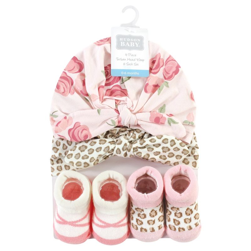 Hudson Baby Infant Girl Turban and Socks Set, Blush Rose Leopard, One Size, 2 of 5
