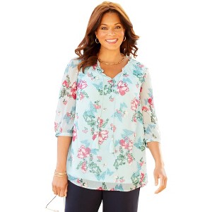 Catherines Women's Plus Size Petite Ruffle Neck Peasant Blouse - 1 of 4