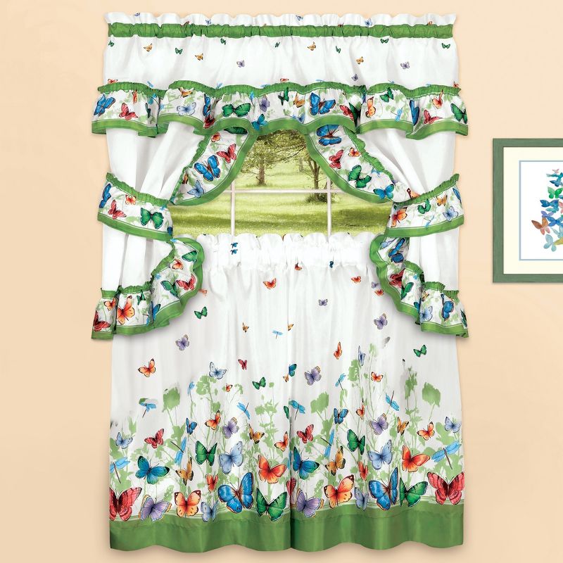 Collections Etc Butterfly Ruffled Tier Window Curtain Set with Sage Green Trim- Includes 2 Panels, 2 Tie Backs, and Swag Valance, 2 of 3