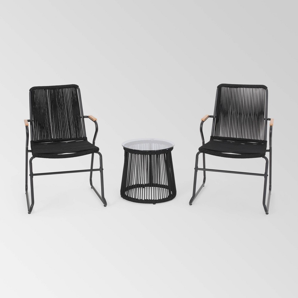 Photos - Garden Furniture Moonstone 3pc Rope Weave Modern Chat Set - Black - Christopher Knight Home