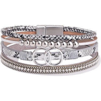 Boho Wrap Bracelet with Infinity Design, Leather Cuff Bangle with Magnetic Clasp, Stackable Jewelry Gift for Mom