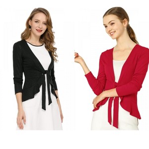 INSPIRE CHIC Women's Solid Tie Open Front Long Sleeve Knit Metallic Ruffled Crop Cardigan 2 Packs - 1 of 4