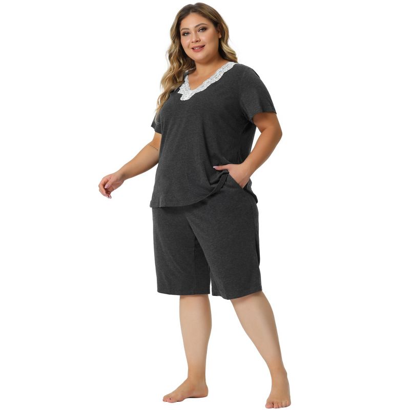 Agnes Orinda Women's Plus Size Short Sleeve V Neck Elastic Waist Pajamas Set 2 Pcs, 3 of 6