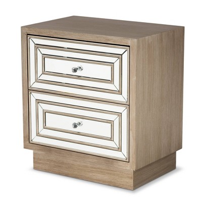 Ellis Wood 2 Drawer Nightstand with Mirrored Glass Natural/Brown - Baxton Studio