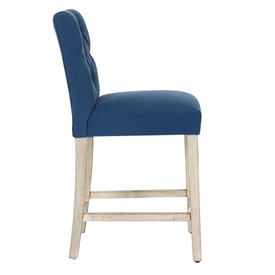 Blue Linen Tufted Bar Stool with Wood Legs, Set of 2