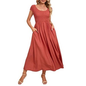Coolmee Women's Summer Dress Casual Short Sleeve Crew Neck Smocked Elastic Waist Tiered Midi Dress - 1 of 4