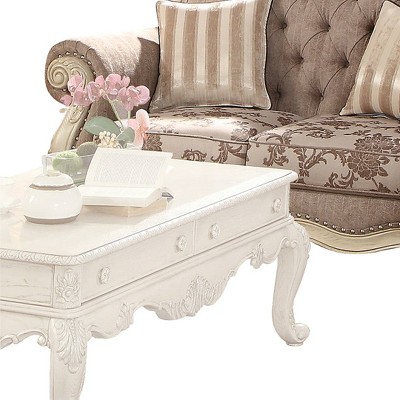 Antique White and Gray Tufted Fabric Loveseat with Rolled Arms