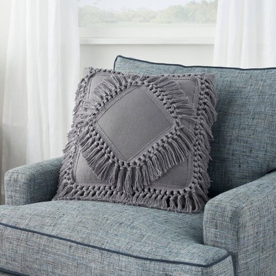 Charcoal Cotton Diamond Fringe 18" Square Throw Pillow