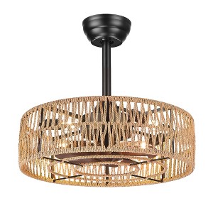 20 in. Indoor Rattan 100-240 V Low Profile Cage Ceiling Fan with Light - 1 of 4